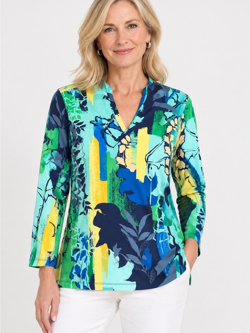 Chico's V-Neck Abstract Floral Top - Teal, Blue, Yellow, Green